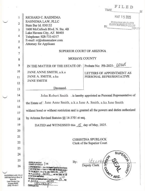 Letter of probate from Arizona lawyer
