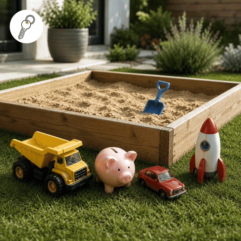 Toy house-related assets, car, piggy bank, and other toys sitting outside an empty sandbox, representing assets left outside a trust.