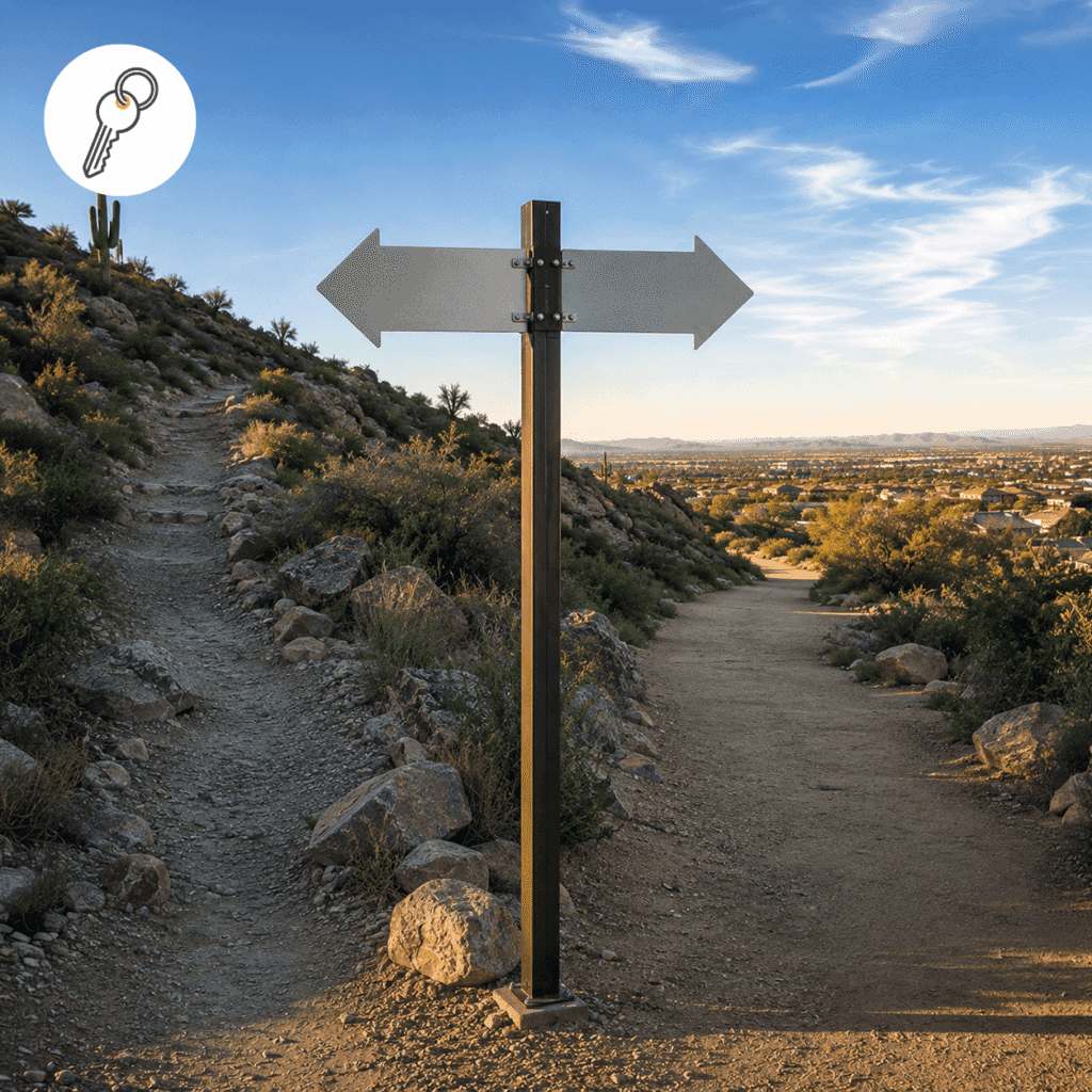 Blank metal signpost at a fork between a steep rocky trail and a smoother Arizona path, representing different probate options.
