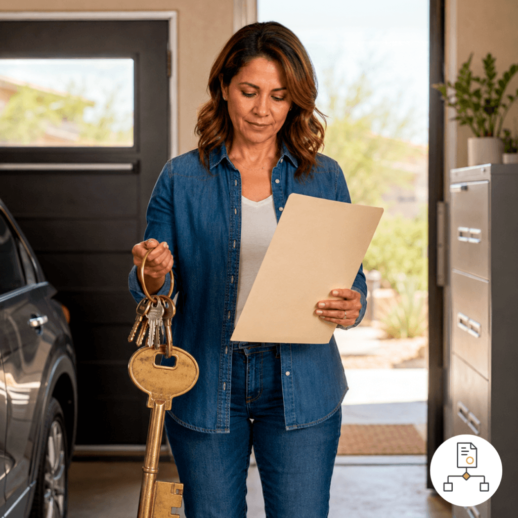 Woman holding estate paperwork and a key ring with an oversized brass key beside a car and filing cabinet.
