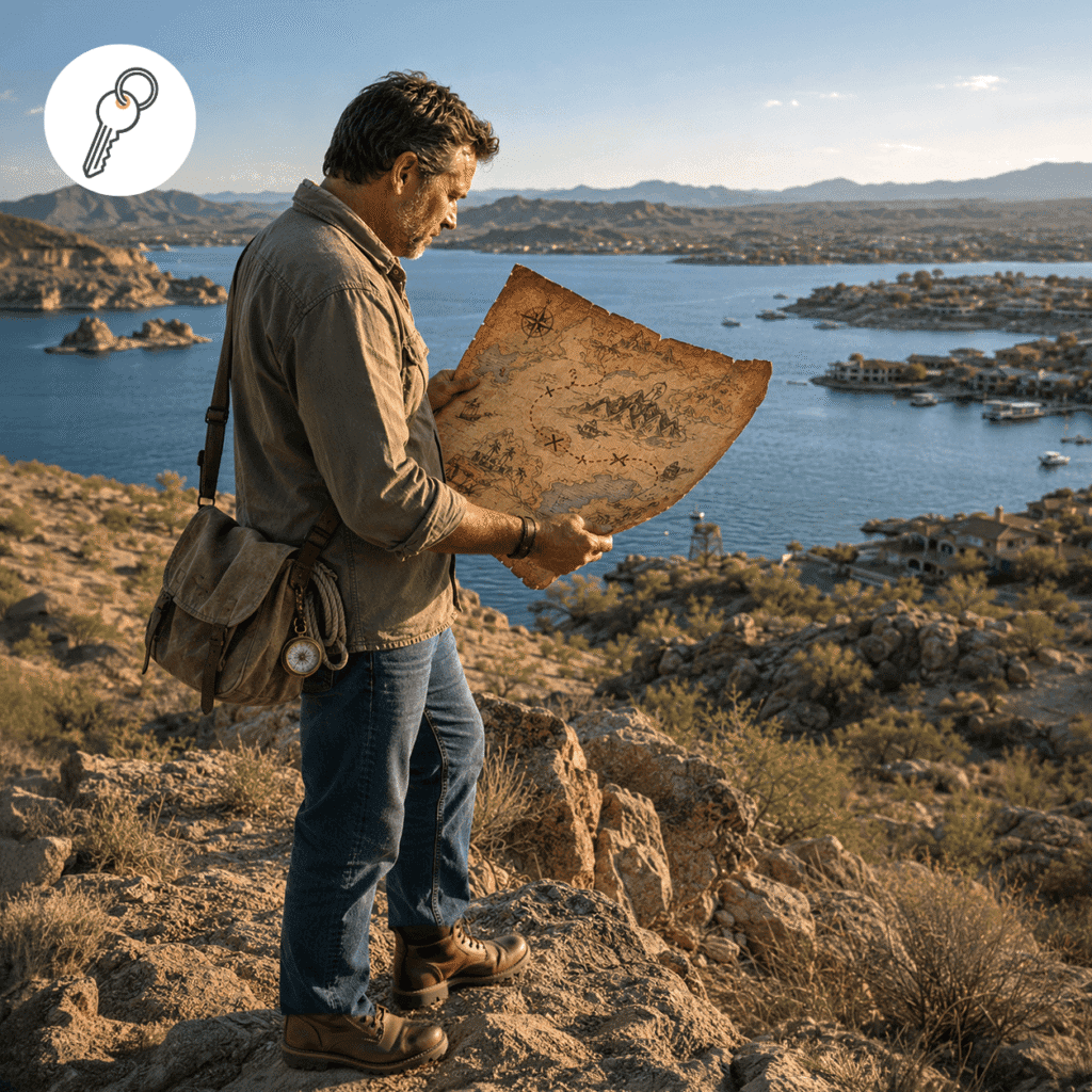 Man studying a large treasure map above an Arizona lake community, representing the steps of the Arizona probate process.