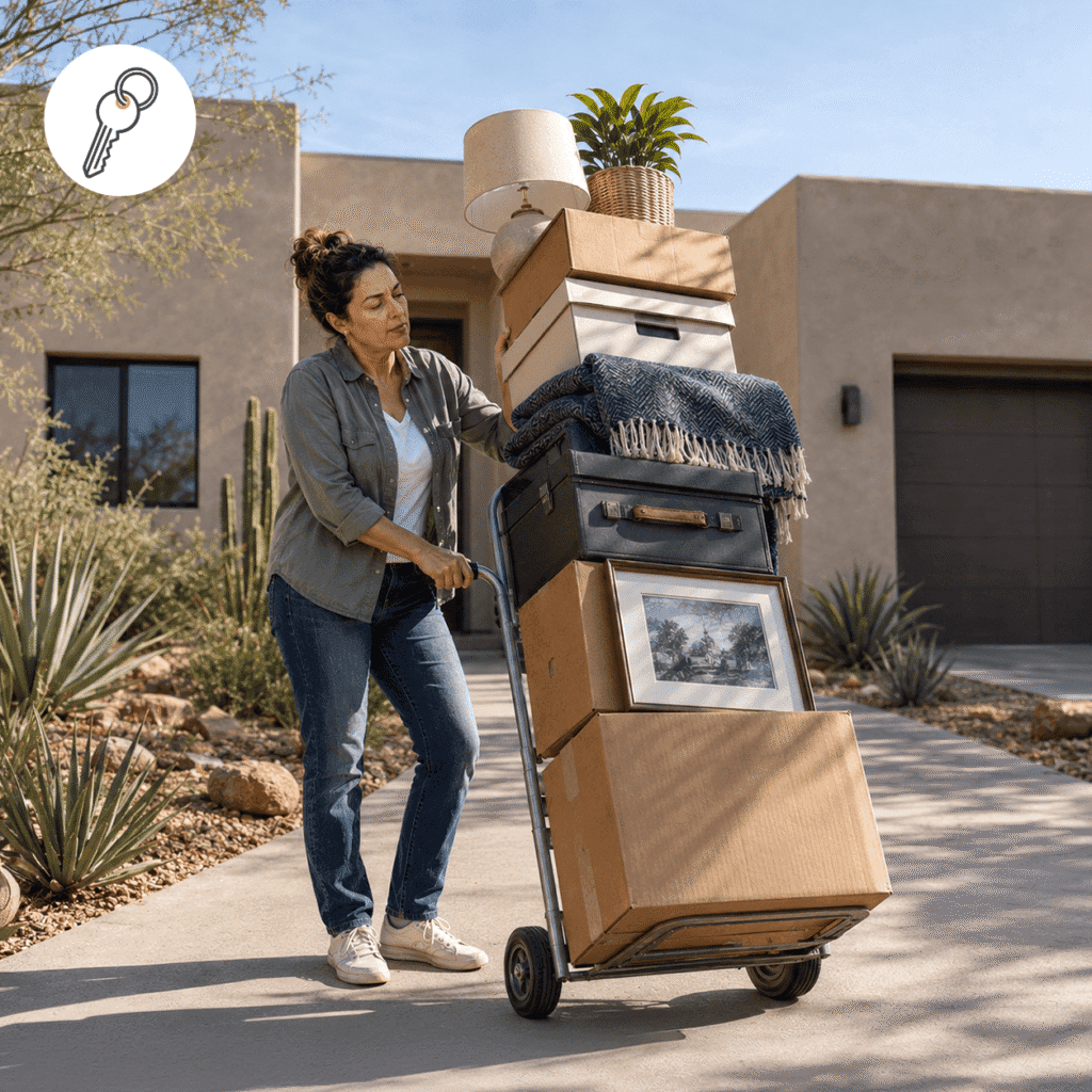 Woman moving boxes and household belongings outside a contemporary Arizona home, representing property affected by Arizona small-estate rules.