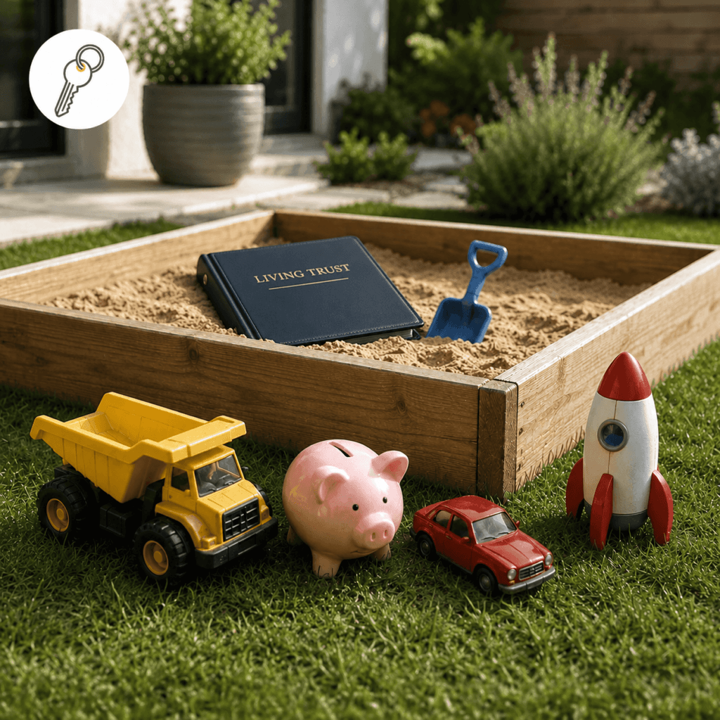 Living Trust binder inside a sandbox while asset symbols remain outside, representing assets that were not transferred into the trust.