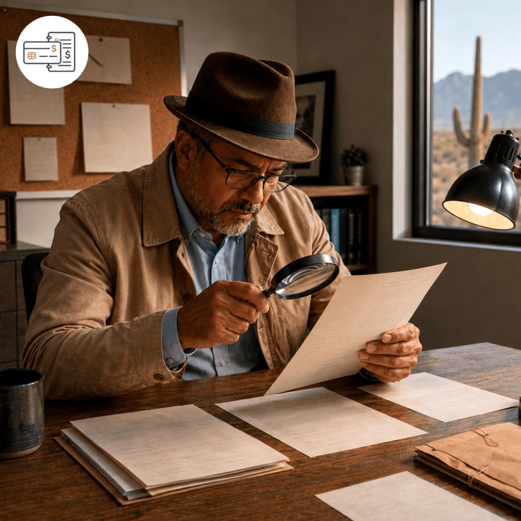 Detective examining financial records with a magnifying glass while investigating creditor claims in an Arizona probate estate.