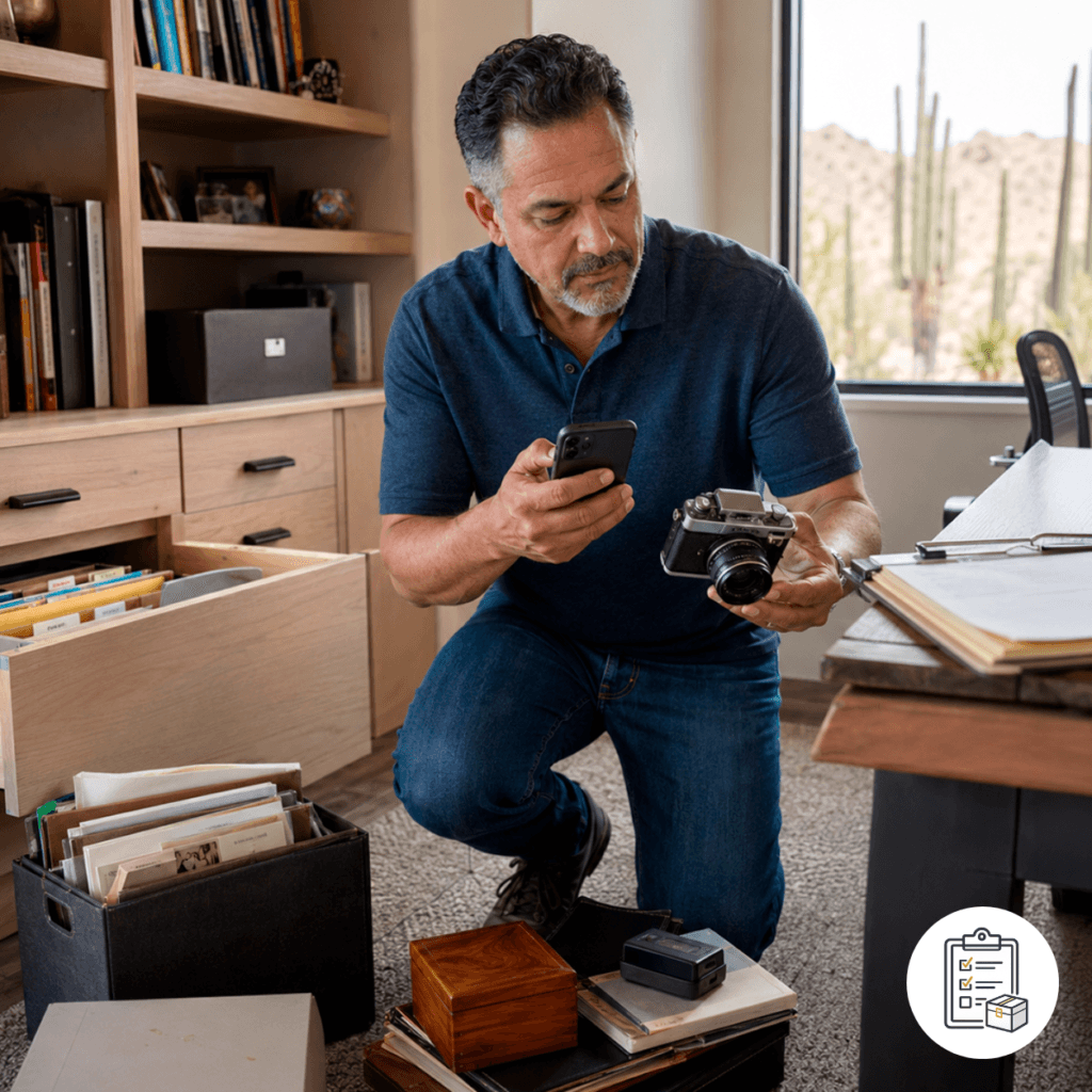 Man searching through household records and belongings while holding a camera and phone for an Arizona probate inventory.