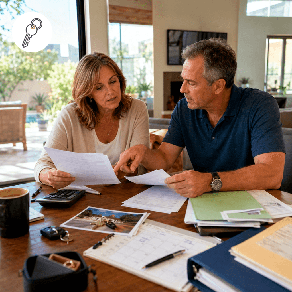Middle-aged couple reviewing estate documents, keys, calendar, calculator, and property records in their Arizona home.