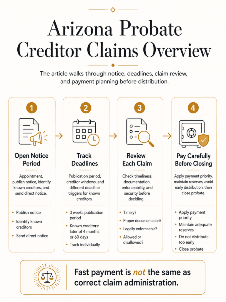 Arizona probate creditor process overview covering notice, deadlines, claim review, payment priority, reserves, and closing.