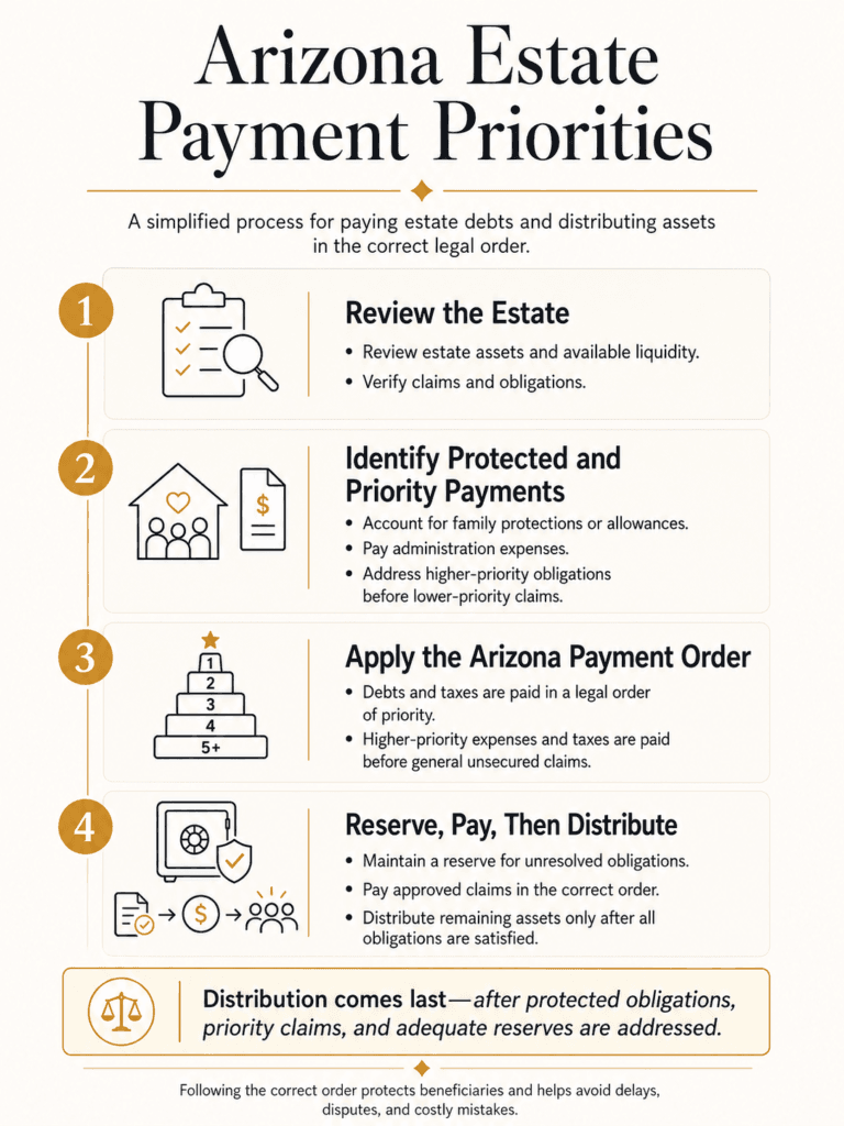 Arizona estate payment-priority overview covering estate review, protected and priority payments, statutory order, reserves, and distribution.