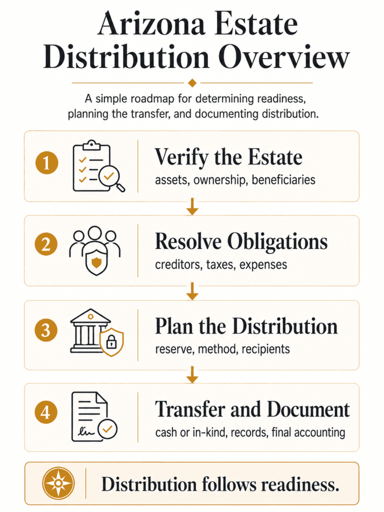 Four-step Arizona estate distribution overview covering readiness, unresolved obligations, distribution planning, transfer, and documentation.