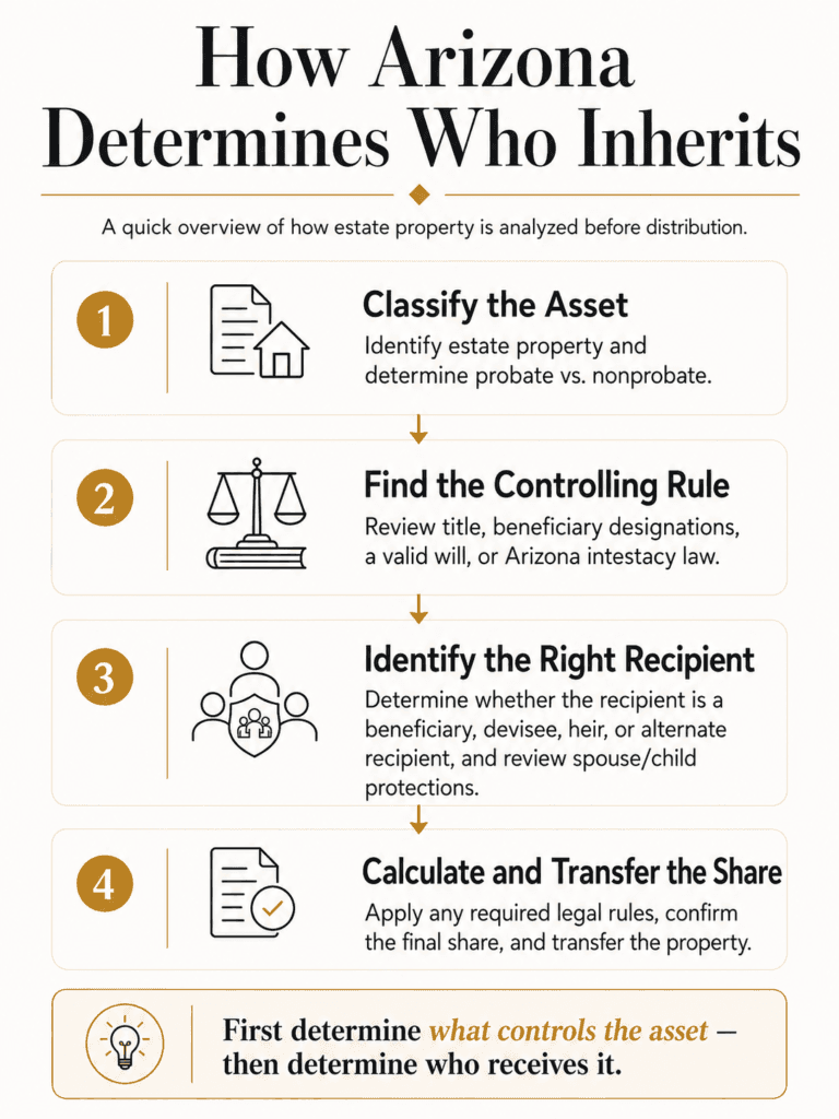 Four-step overview of Arizona inheritance decisions covering asset classification, controlling law or documents, recipients, shares, and transfer.