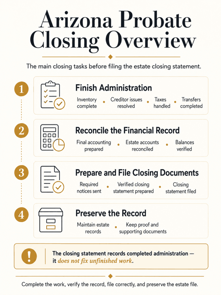 Four-step Arizona probate closing checklist covering completed administration, financial reconciliation, closing documents, and record preservation.