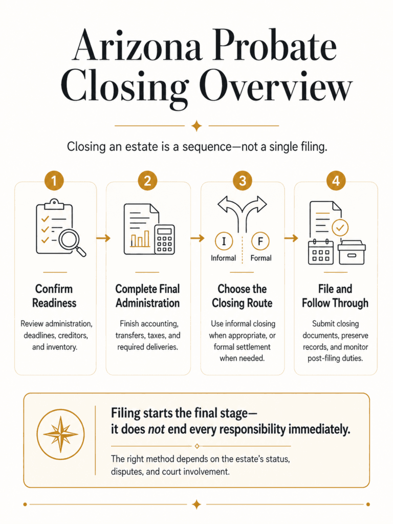 Four-stage Arizona probate closing overview covering readiness, final administration, choosing a closing route, filing, and follow-through.
