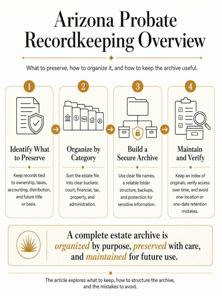 Four-step Arizona probate recordkeeping overview covering what to preserve, file organization, secure archiving, and ongoing verification.