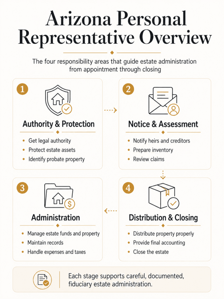 Four responsibility areas for an Arizona personal representative: authority and protection, notice and assessment, administration, and distribution and closing.

