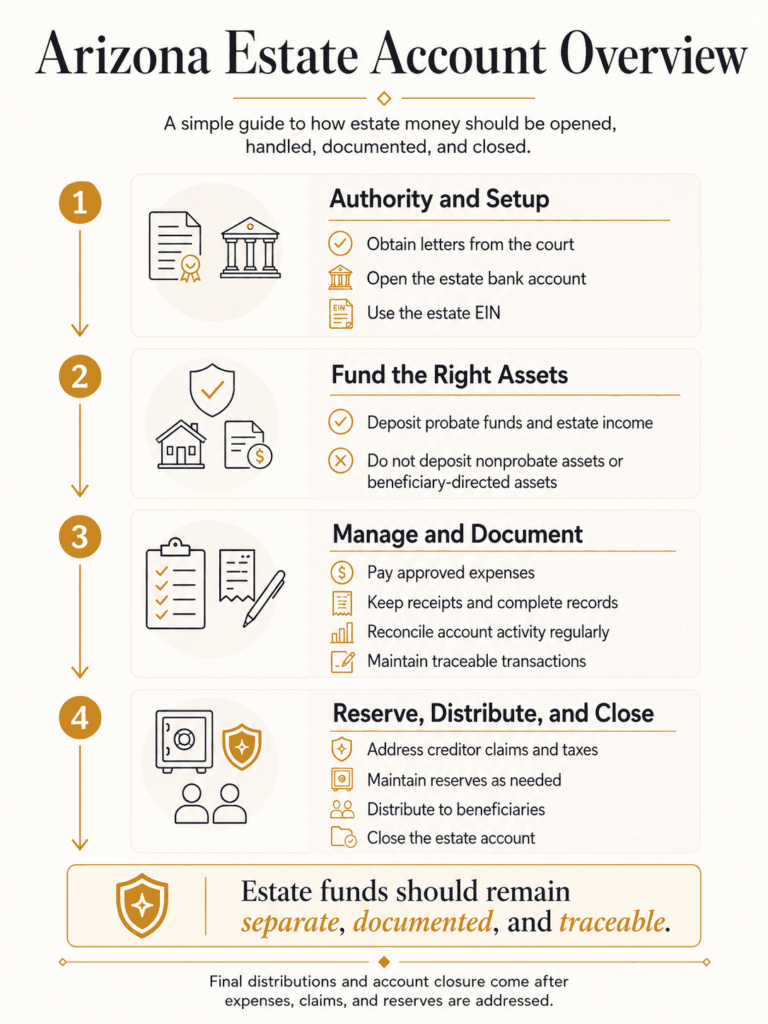 Four-step overview of opening, funding, managing, documenting, and closing an Arizona estate bank account.
