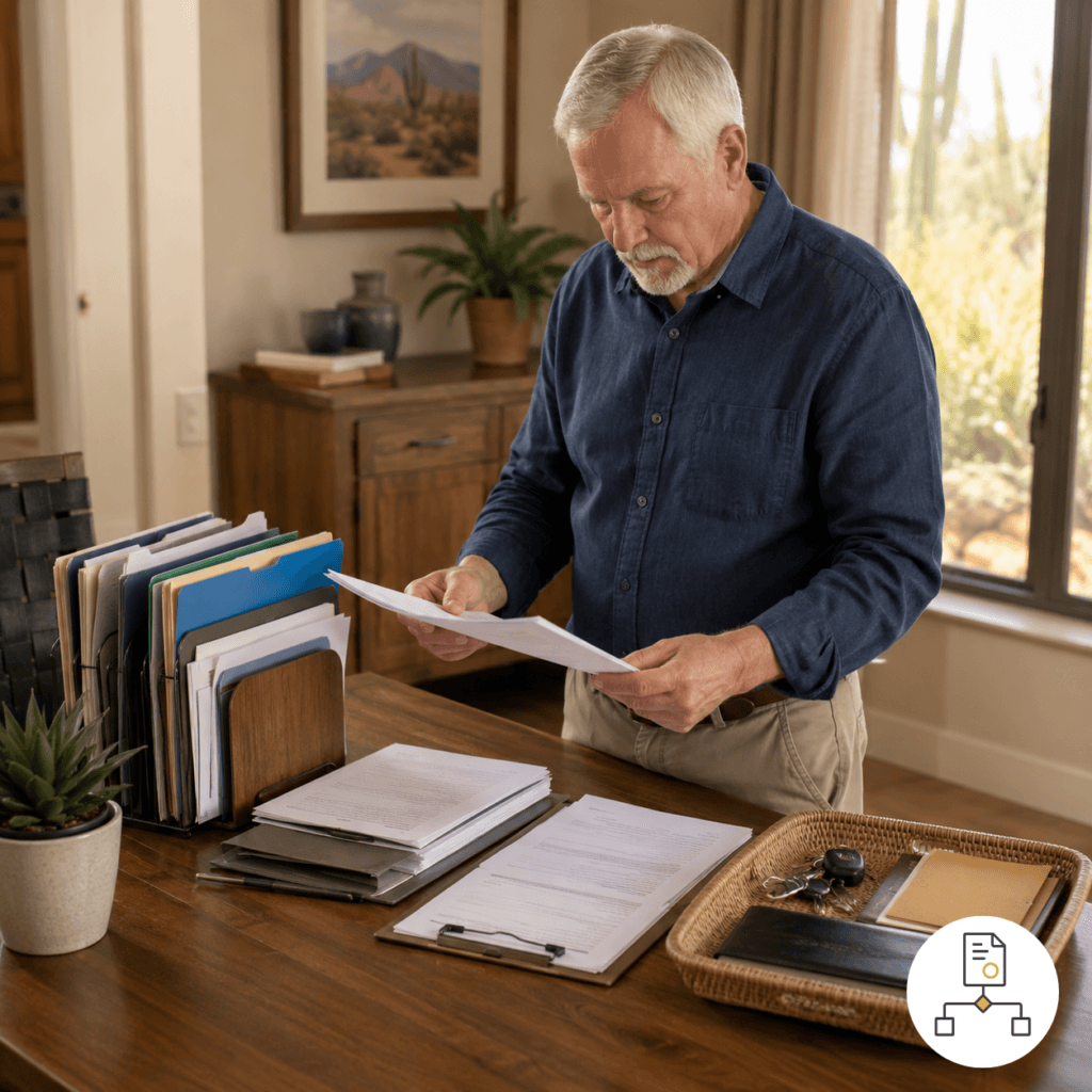 Will, estate records and unopened appointment documents representing preparation before legal authority begins.