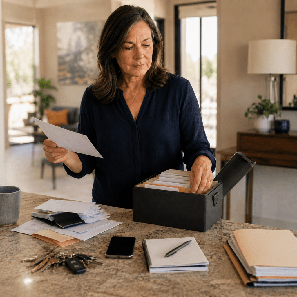 Letters, calendar, estate records and house key organized for the first 30 days of Arizona probate administration.