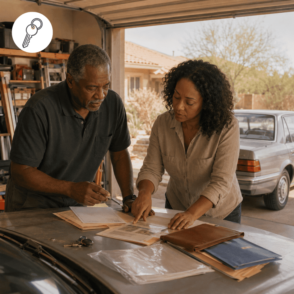Ownership documents, beneficiary records and a house key arranged for an Arizona probate review.