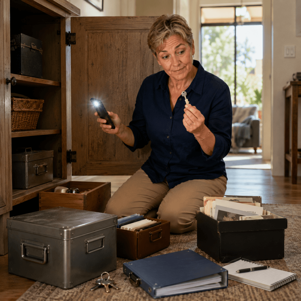 Organized documents, notebook and house key representing the first steps after someone dies in Arizona.
