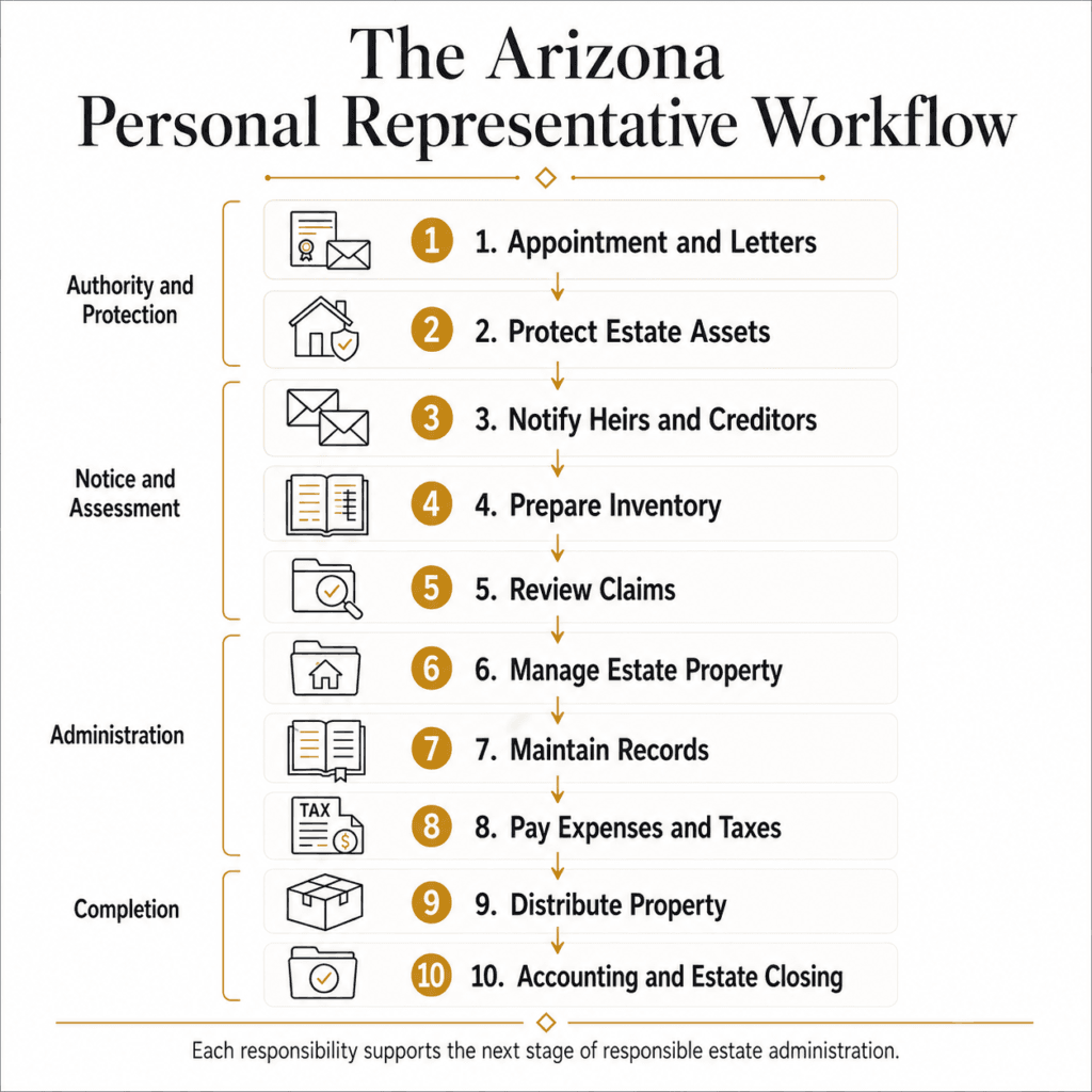 Ten-stage Arizona personal representative workflow from appointment and asset protection through distribution and closing.