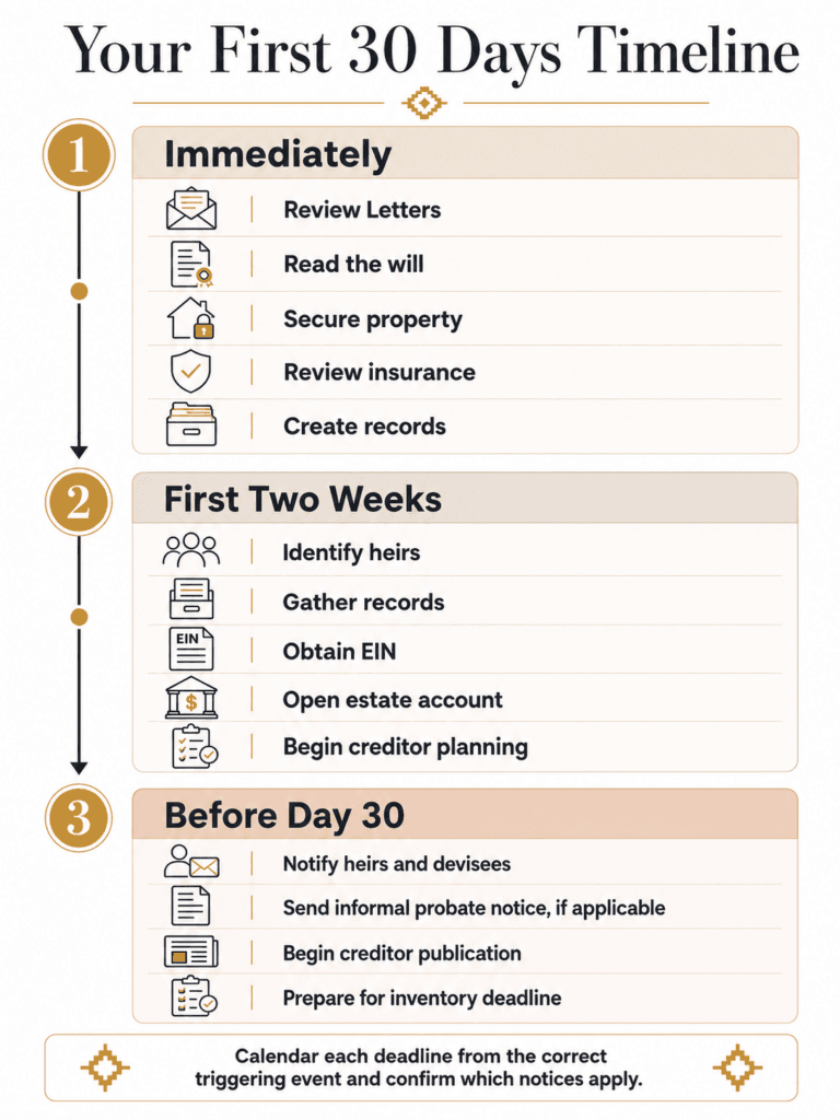First-month timeline for reviewing letters, protecting property, opening accounts, sending notices and preparing inventory.