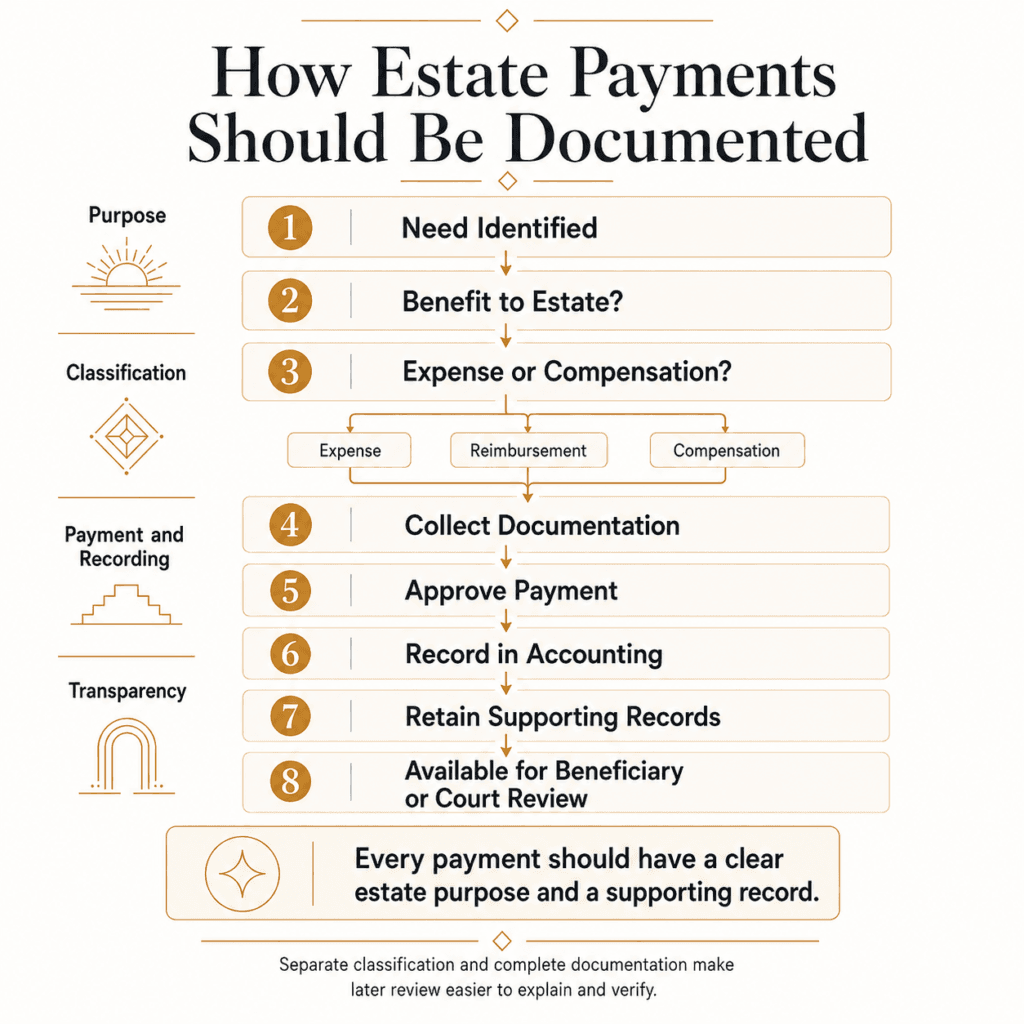 Eight-step workflow for classifying, documenting, approving and recording Arizona estate payments.