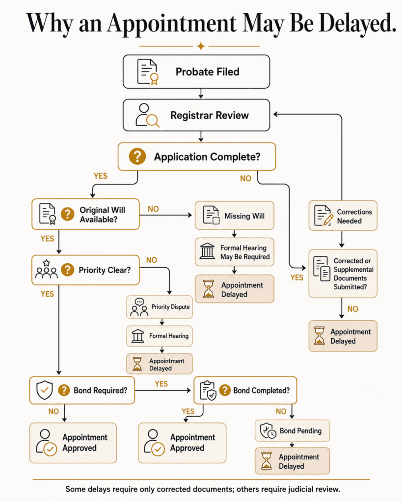 Decision tree showing how incomplete filings, missing wills, priority disputes and bond issues may delay appointment.