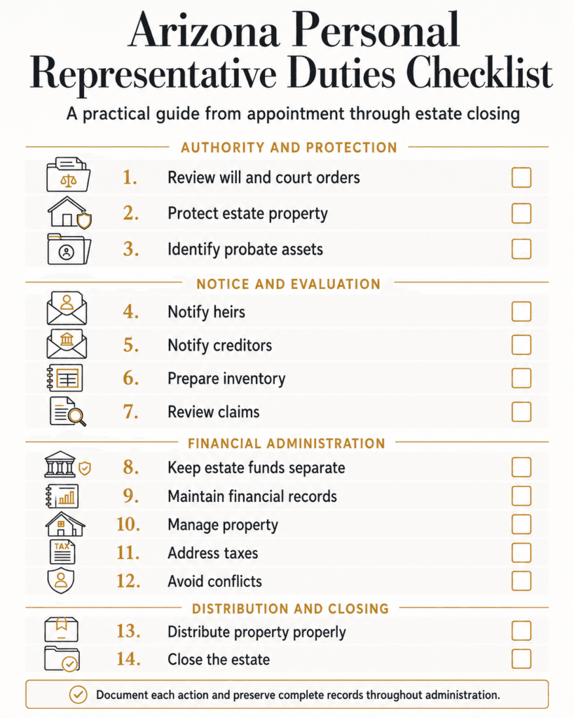 Fourteen-duty checklist for protecting property, notices, claims, records, taxes, distribution and estate closing.