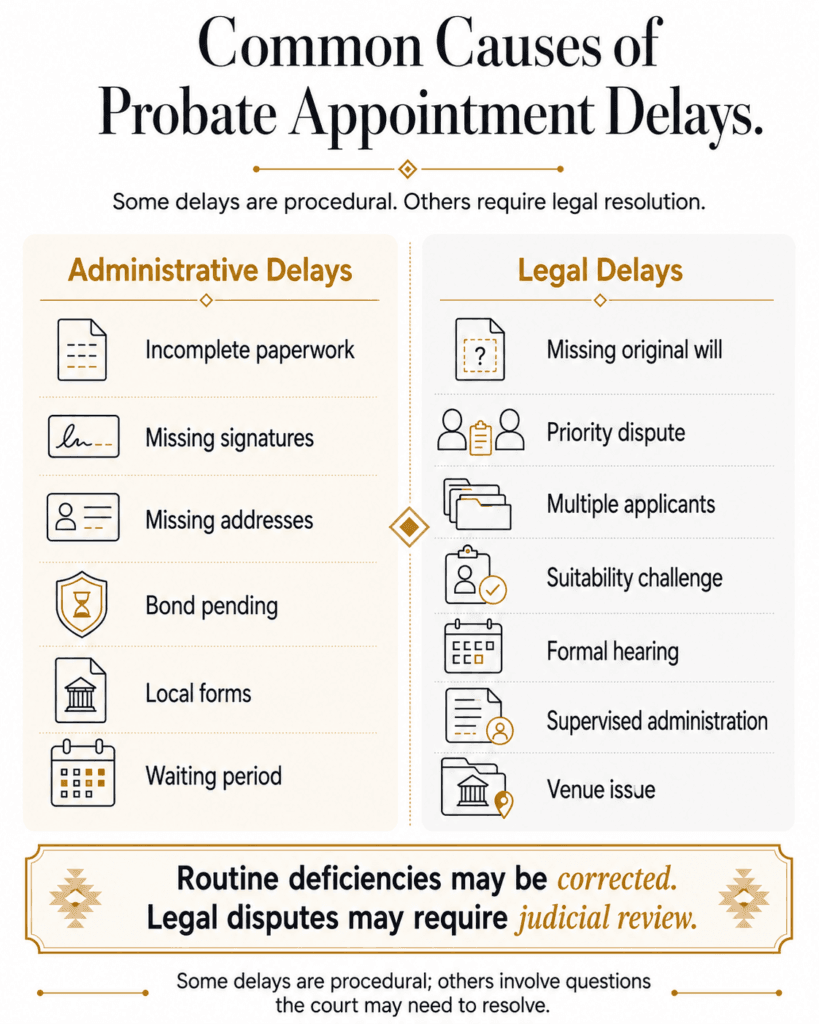 Comparison of administrative and legal causes that may delay an Arizona probate appointment.