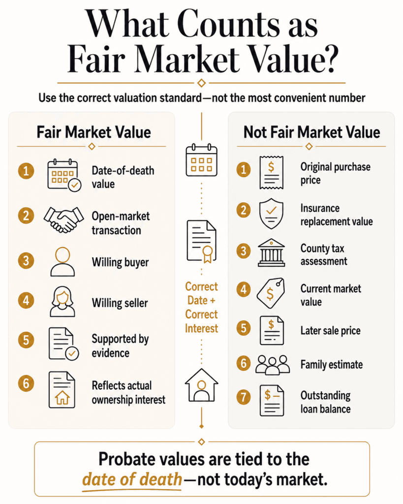 Comparison of date-of-death fair market value with purchase price, tax assessment, later sale price and other figures.