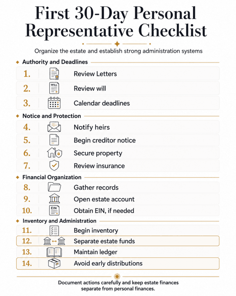Fourteen-item checklist for notices, property protection, estate finances, inventory and records during the first month.
