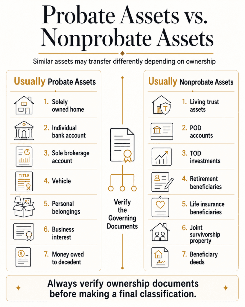 Comparison of assets that usually require Arizona probate and assets that commonly transfer outside probate.