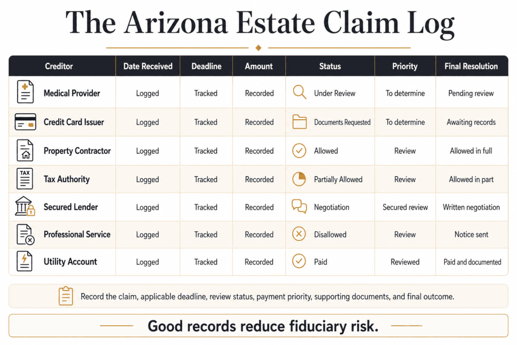 Estate claim log tracking creditor, receipt date, deadline, amount, status, priority and final resolution.