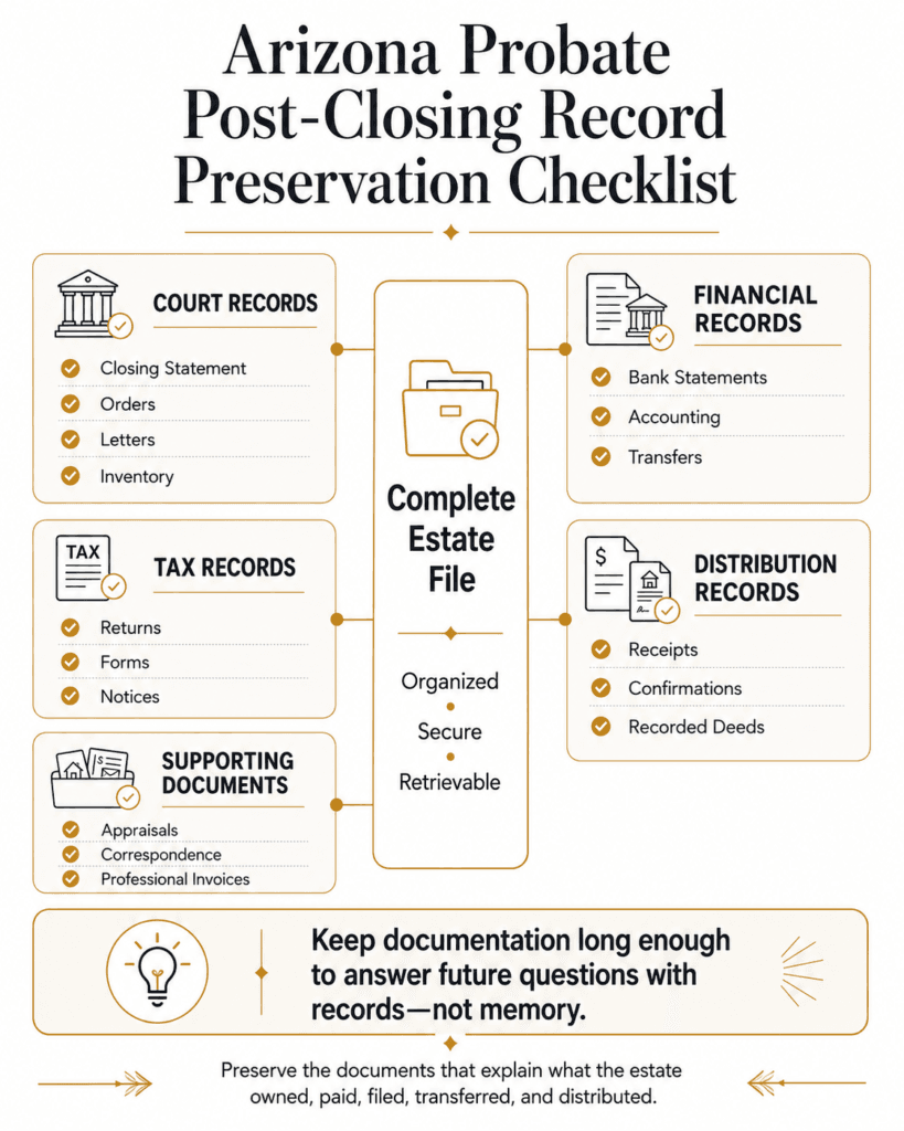 Post-closing probate record checklist covering court, financial, tax, distribution and supporting documents.