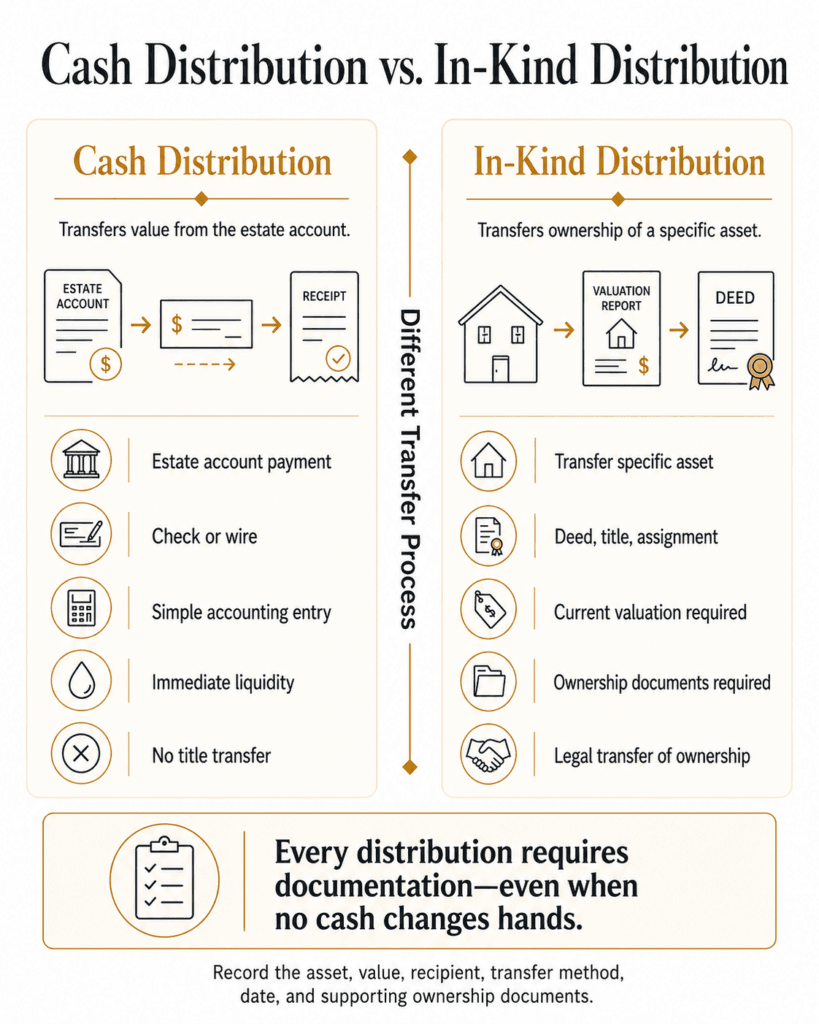 Comparison of cash estate distributions and in-kind property transfers, including documentation and ownership requirements.