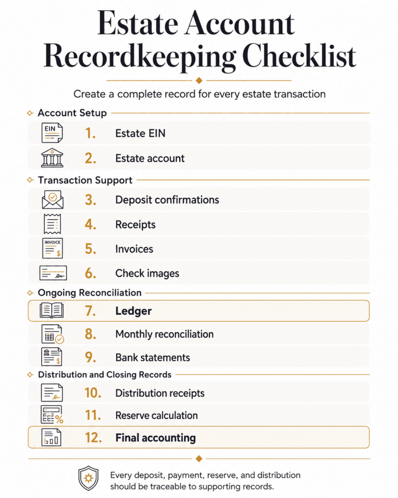 Twelve-item estate-account checklist covering deposits, receipts, invoices, reconciliation, reserves and final accounting.