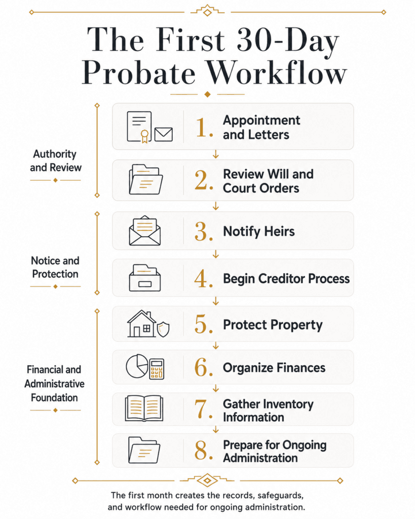Eight-stage first-month probate workflow from appointment and notices through finances, inventory and ongoing administration.