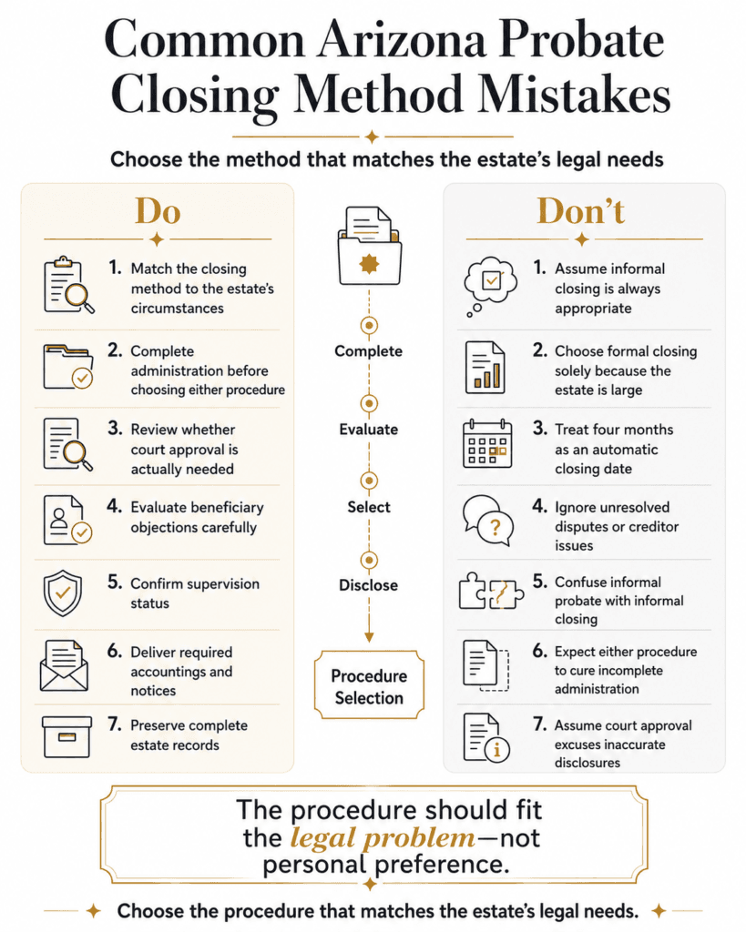 Do-and-don’t comparison for choosing informal or formal Arizona probate closing based on legal circumstances.