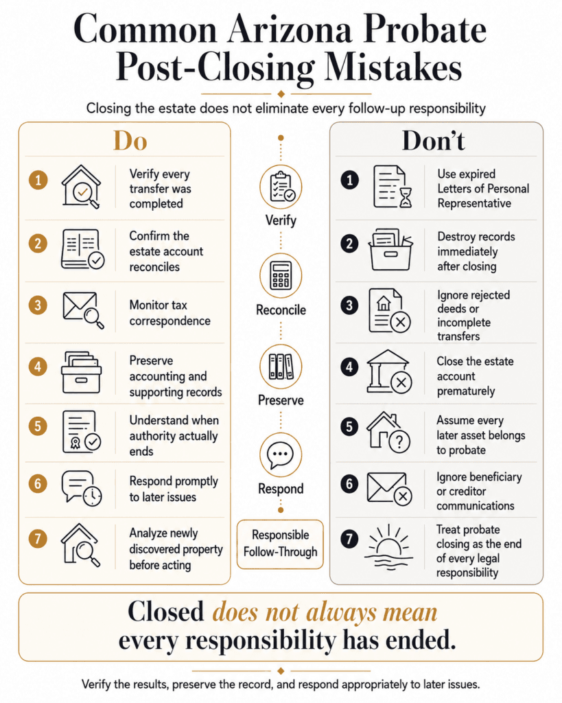 Do-and-don’t comparison for post-closing transfers, estate accounts, taxes, records, authority and later assets.