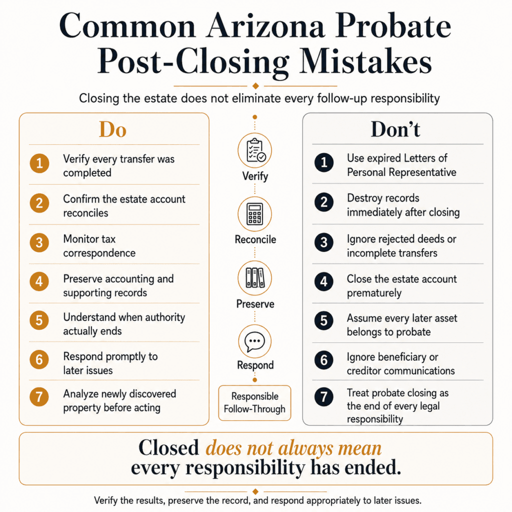 Do-and-don’t comparison for post-closing transfers, estate accounts, taxes, records, authority and later assets.