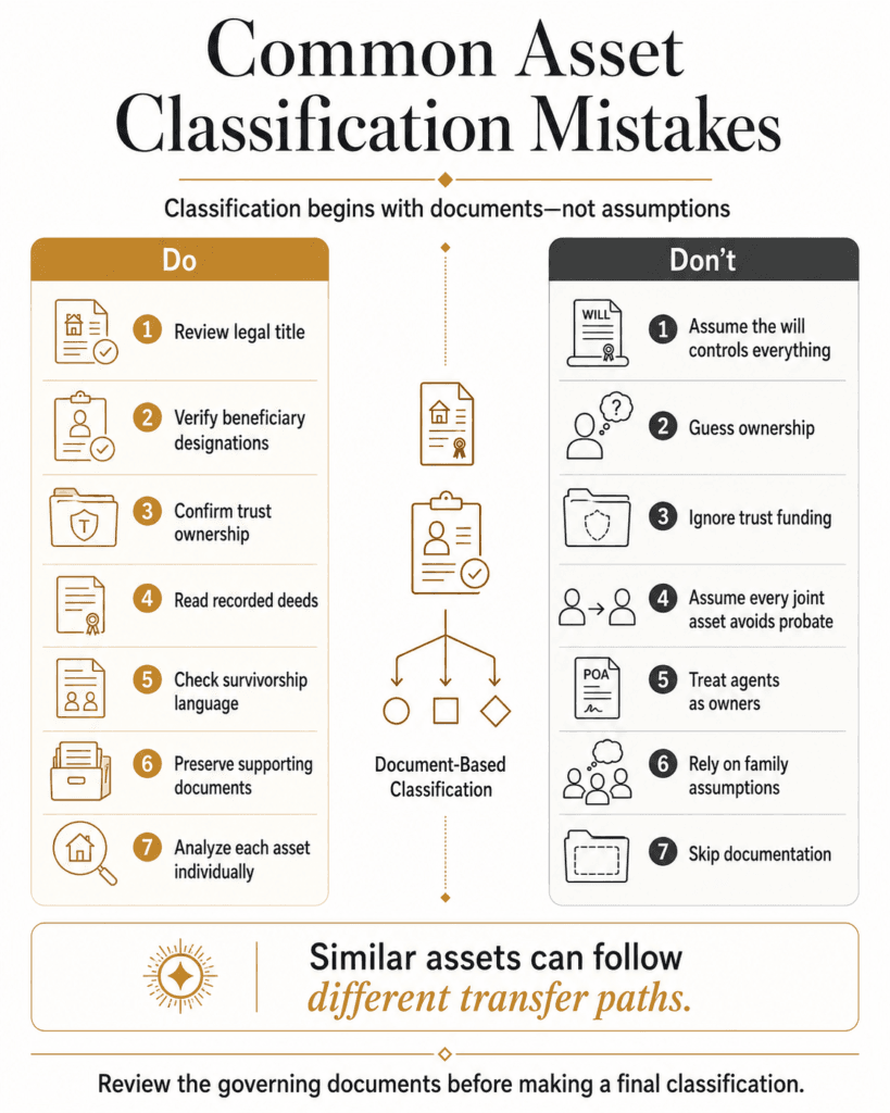 Do-and-don’t comparison for titles, beneficiary designations, trusts, survivorship and asset documentation.