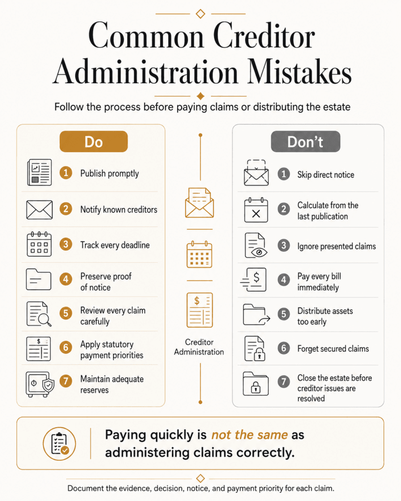 Do-and-don’t comparison for creditor publication, direct notice, deadlines, claim review, reserves and estate distribution.