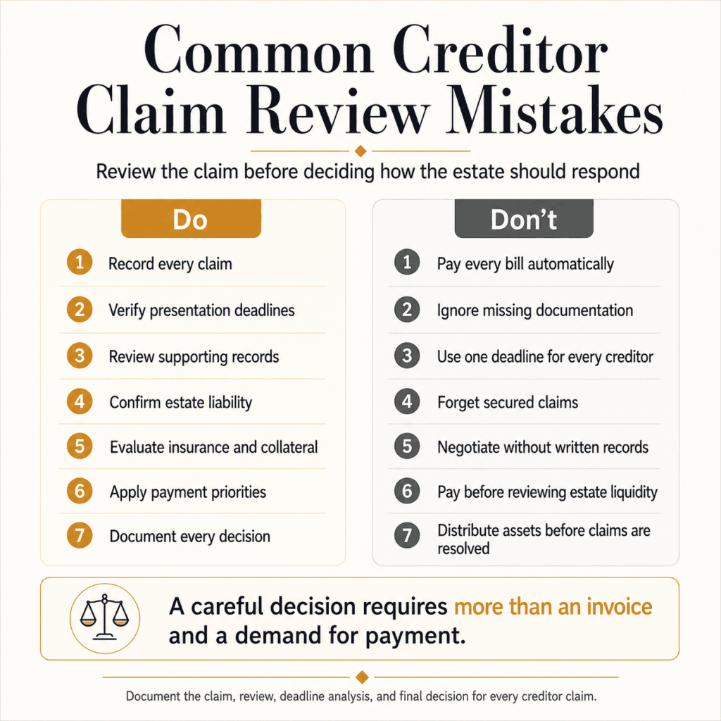 Do-and-don’t comparison for claim logs, deadlines, records, estate liability, priorities and distributions.