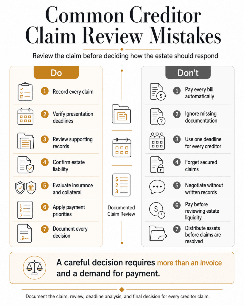 Do-and-don’t comparison for claim logs, deadlines, records, estate liability, priorities and distributions.