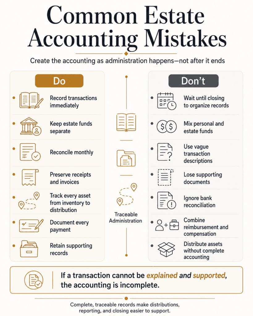 Do-and-don’t comparison for estate transactions, separate funds, reconciliation, records and distributions.