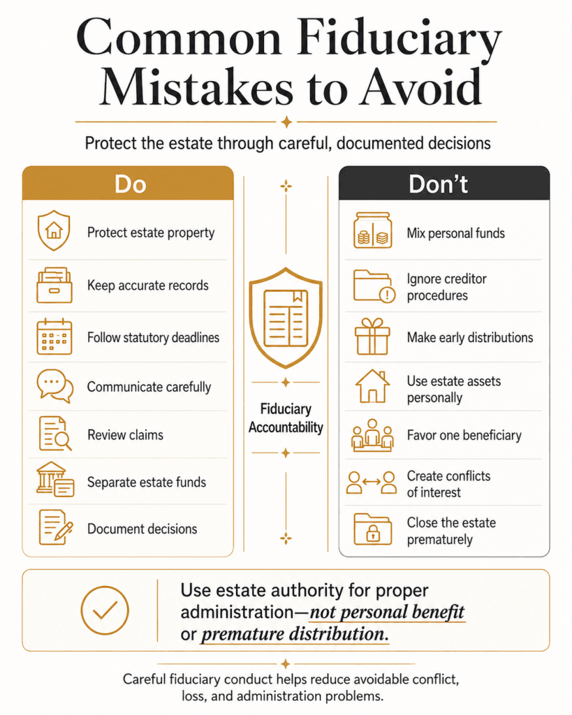 Do-and-don’t comparison for records, deadlines, estate funds, distributions, conflicts and estate closing.