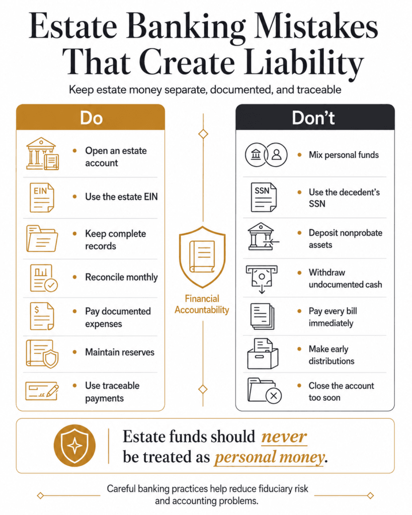 Do-and-don’t comparison for estate accounts, EIN use, records, reserves, distributions and separate funds.