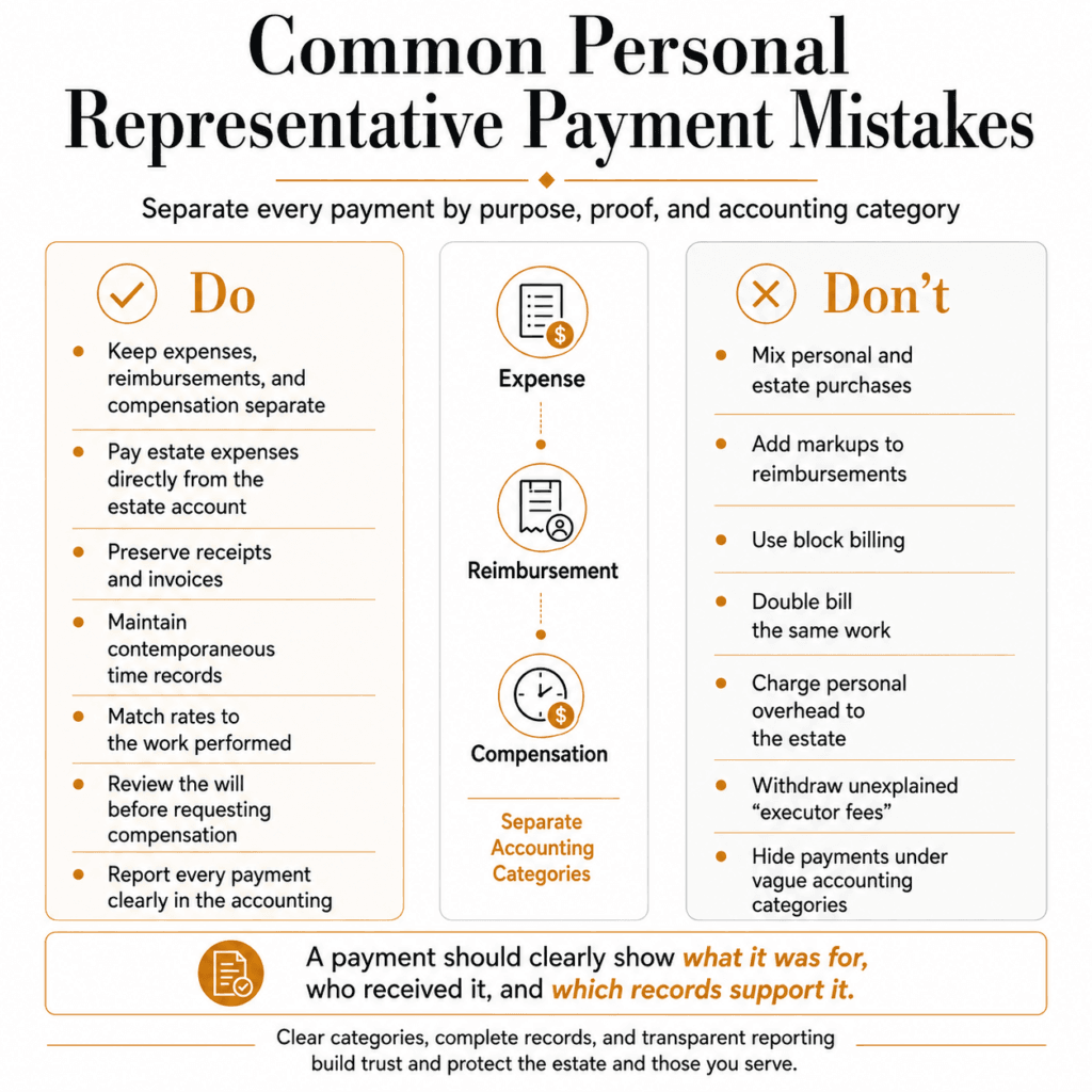 Do-and-don’t comparison for estate expenses, reimbursements, compensation, time records and payment documentation.