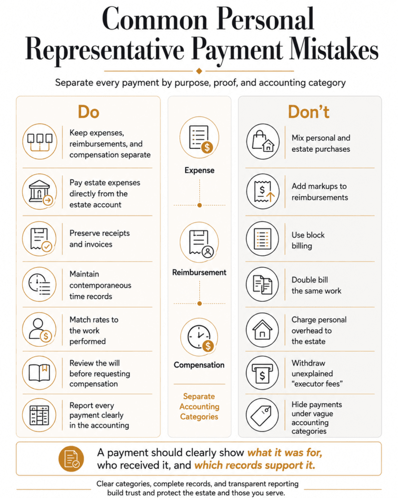 Do-and-don’t comparison for estate expenses, reimbursements, compensation, time records and payment documentation.
