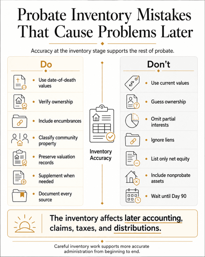 Do-and-don’t comparison for ownership, date-of-death values, liens, records and probate inventory accuracy.